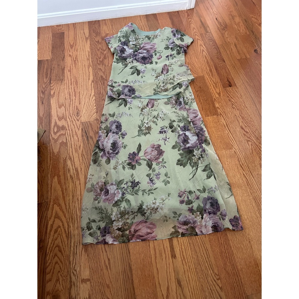 Jessica Howard Sage Green Floral 2 Piece Skirt Set Maxi Dress Sz 12 Made in USA